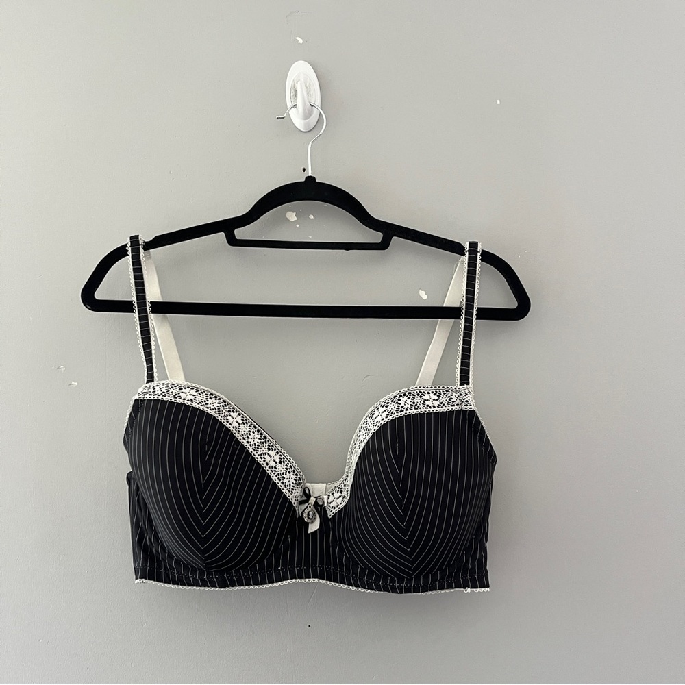 Adore Me Black Pinstripe Lace-Trim Balcony Bra